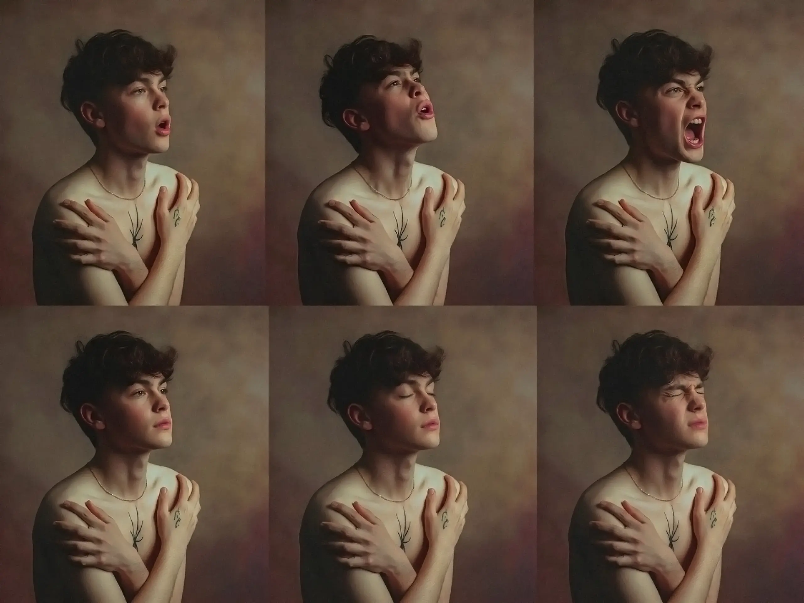 A sequence sheet featuring six distinct emotional facial expressions used to animate the transition from tension to calm.